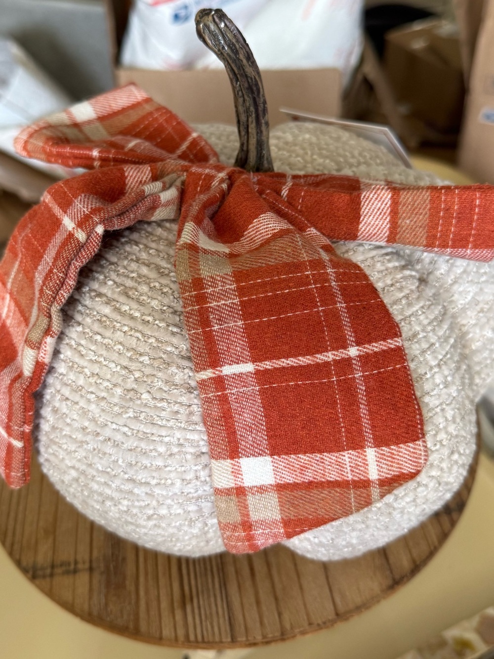 Martha Stewart crème fabric pumpkin with orange plaid bow